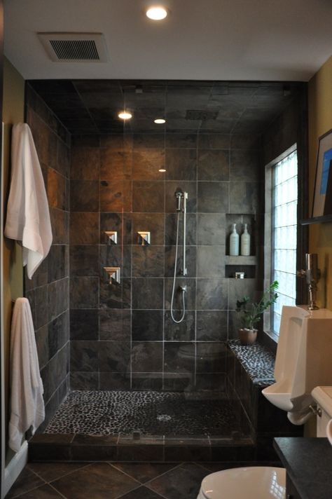 great shower and don't have to worry about the boys leaving the seat up :) Masculine Bathroom, Jungle Bedroom, Bad Inspiration, Stunning Bathrooms, Bathroom Shower Tile, Basement Bathroom, Interior Modern, Dream Bathrooms, Bathroom Renos