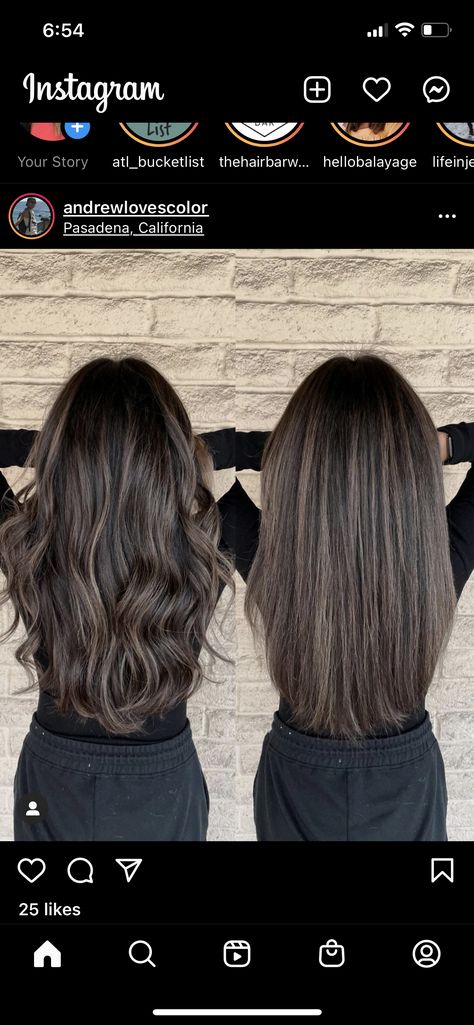 Cool Toned Brown With Highlights, Hair Color Ashy Brown, Mushroom Brown Brunette, Ash Brown Partial Balayage On Black Hair, Ash Brown Babylights On Black Hair, Dark Brown With Mushroom Brown Balayage, Ashy Tones For Dark Hair, Ash Brown Hair Color Straight, Balayage Hair For Dark Hair Straight