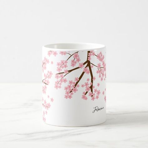 Elegant pretty cherry blossoms sakura calligraphy coffee mug | Zazzle.com Cherry Blossom Mug Painting, Painting On Coffee Mugs, Simple Mug Designs Painted, Drawing On Glass Ideas Easy, Mugs Print Designs, Ceramic Art Simple, Cherry Blossom Pottery Painting, Cute Mug Designs Ideas, Diy Cups Design