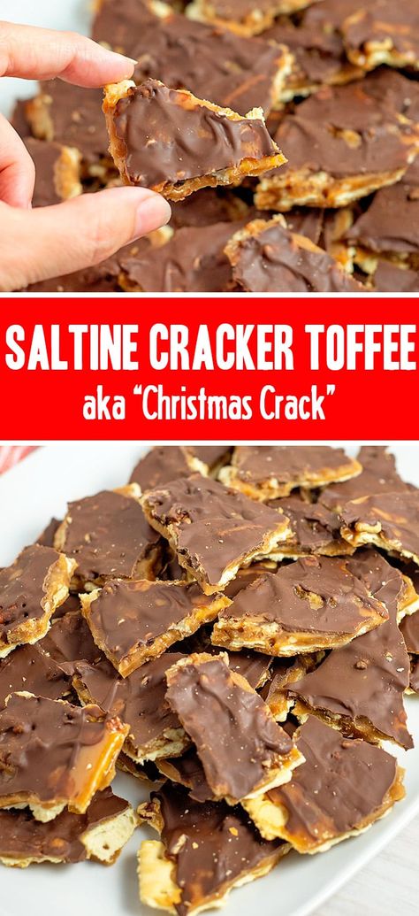 Saltine Cracker Toffee is crunchy, chewy and full of impossible to resist, rich and buttery caramel toffee flavor and its made with just four ingredients. (five if you add nuts) Sweet And Salty Saltines, Christmas Crackers Recipe Saltine Toffee White Chocolate, Saltine Toffee Bark, Saltine Cracker Candy Recipes, Holiday Crackers Saltine Toffee, Saltine Christmas Crackers, Toffee Crackers Club, Cracker Brittle Saltine, Cracker Cookies Saltine