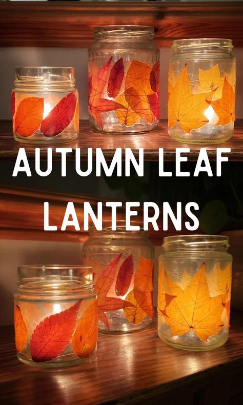 Mason Jar Autumn Leaf Lanterns - In The Playroom Turkey Leaf Luminaries, Fall Leaf Lanterns, Autumn Leaf Lanterns, Fall Leaf Mason Jar Craft, Leaf Jars Craft, Autumn Leaf Activities, Mason Jar Leaf Lanterns, Autumn Lanterns Diy, Toddler Fall Leaf Crafts