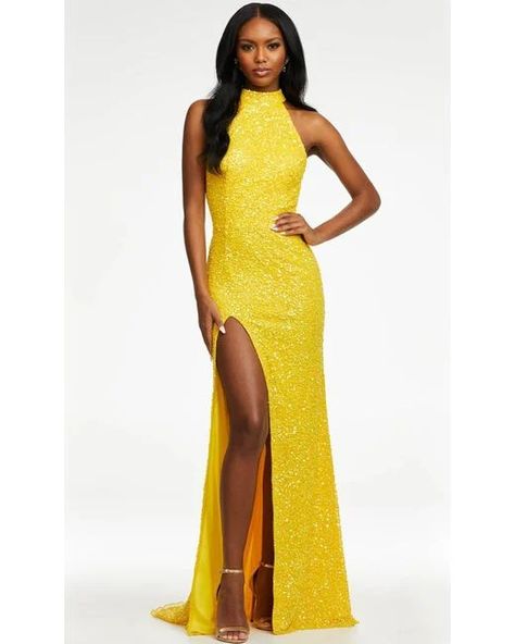 Yellow Formal dresses and evening gowns for Women | Lyst Ashley Lauren, Halter Evening Dress, Evening Wear Dresses, Formal Evening Wear, Off Shoulder Gown, Sequin Halter, One Shoulder Gown, Sleeveless Gown, Floral Gown