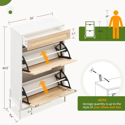 Natural Rattan 2 Flip Down with 1 Drawer Free-Standing Shoe Rack, Shoe Cabinet Wood Organizer Slim Shoe Rack, Shoe Rack Hallway, Shoe Cabinet Design, Flip Door, Narrow Shoe Rack, Stackable Shelves, Rattan Design, Shoe Rack Organization, Well Decor