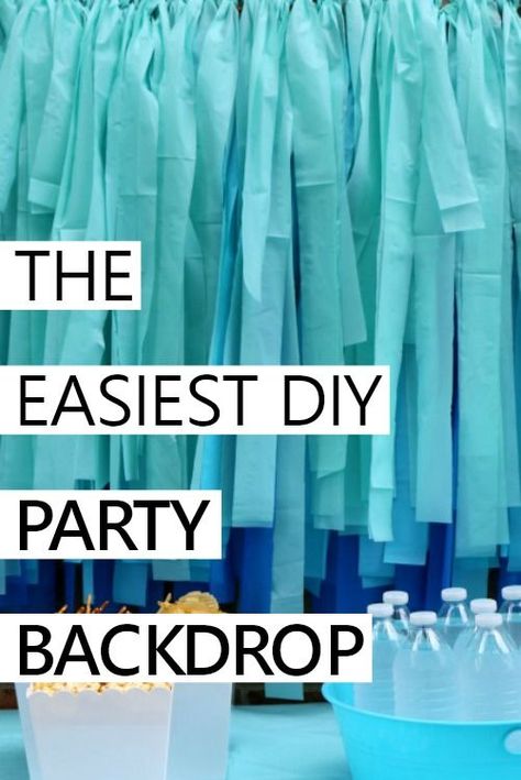 how to make an easy and inexpensive party backdrop with plastic tablecloths How To Make Backdrop With Table Covers, Table Cloth Strip Backdrop, Photo Backdrop With Tablecloths, Dollar Tree Tablecloth Backdrop, Tablecloth Ideas Party, Party Backdrop Without Balloons, Diy Blue Backdrop, Decorate With Plastic Tablecloth, Curtain Party Decoration Ideas