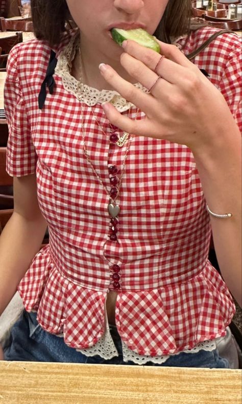 Americana Core Aesthetic, Red Cottage Core Outfit, Red Gingham Top Outfit, Red Gingham Aesthetic, Prarie Core Fashion, Prarie Core Aesthetic, Bronwyn Weismiller, Gingham Outfit Aesthetic, Red Gingham Outfit