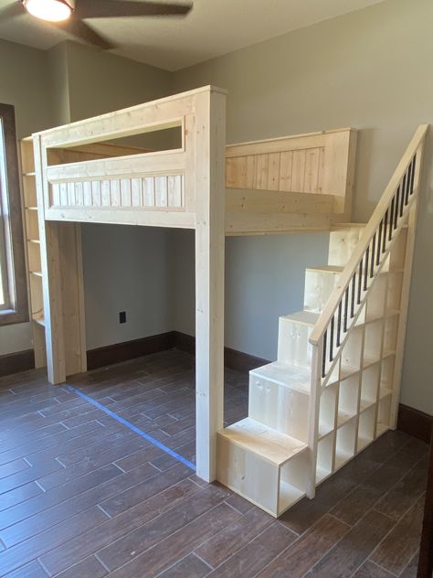 Pine loft bed with cubbie steps and railing with iron balusters. Loft Bed Ideas For Small Rooms, Cool Loft Beds, Lofted Dorm Beds, Build A Loft Bed, Loft Beds For Small Rooms, A Loft Bed, Beds For Small Rooms, Loft Style Bedroom, Loft Bed Plans