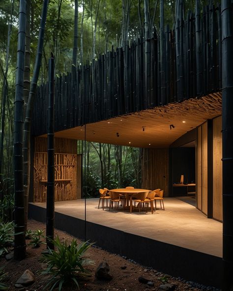 🖤 Black Bamboo Forest House: A minimalist house constructed primarily from black bamboo, offering a contemporary twist on traditional Japanese architecture and seamlessly integrating with the surrounding bamboo forest. #blackbamboo #japanesearchitecture #modernliving #minimalistdesign #forestlife #naturelovers #bamboolove #sustainableliving #embracethedark #inspirationfound #luxurylifestyle #interiordesign #architecturephotography #travelgram #explorepage #cabinlife #tinyliving #offgridlivin... Black House Architecture, Japanese Mountain House, House In A Forest, Forest Architecture, House Forest, House In The Forest, Dunes House, Contemporary Cabin, Traditional Japanese Architecture