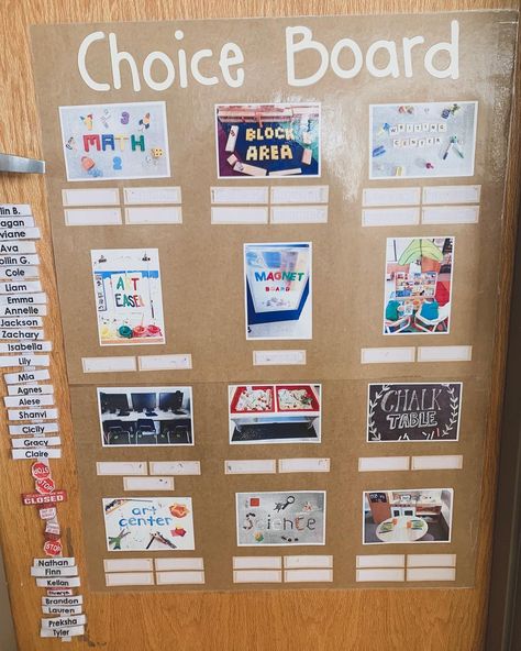 Ms. Lea on Instagram: “Are your kids free to play wherever or do you have a choice board? We use our board during morning and afternoon free play times. . .…” Center Choice Board Kindergarten, Center Choice Board Preschool, Classroom Necessities, Community Circle, Time Centers, Preschool Prep, Daycare Room, Morning Tubs, Prek Classroom