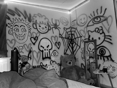 blackandwhite bedroom bedroomideas graffiti graffiti graffitiwall aesthetic tiktok Gothic Wall Painting, Graffiti Wall Painting, Room With Graffiti, Graffiti Walls Bedroom, Graffiti In Bedroom, Graffiti Room Wall, Drawing On Bedroom Wall, Graffiti Wall Bedroom, Graffiti Room Ideas Bedrooms