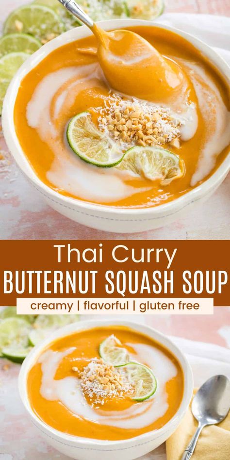 Add a flavor-packed twist to the classic fall soup with this Thai Curry Butternut Squash Soup. With the combination of naturally sweet squash, warm spices, and aromatic ingredients like coconut milk, lime juice, and soy sauce, this velvety smooth curried soup recipe will warm you from the inside out. Plus, it is naturally gluten free and vegan. Curry Butternut Squash Soup, Butternut Squash Soup Creamy, Thai Butternut Squash Soup, Curried Squash Soup, Curried Butternut Squash, Winter Squash Recipes, Butternut Squash Curry, Butternut Squash Soup Recipe, Curried Butternut Squash Soup