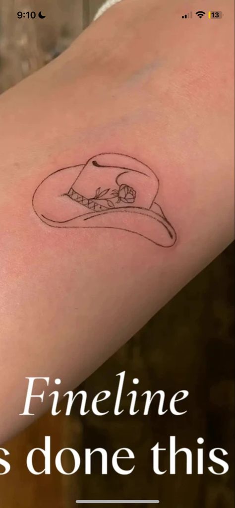 Cowboy Hat With Roses Tattoo, Stetson Cowboy Hat Tattoo, Fineline Cowboy Hat Tattoo, Cowboy Hat With Feather Tattoo, Cowgirl Tattoo Ideas, Fine Line Cowboy Hat Tattoo, Cowboy Hat With Flowers Tattoo, Nashville Tattoo Ideas Small, Cowboy Hat Tattoo Small