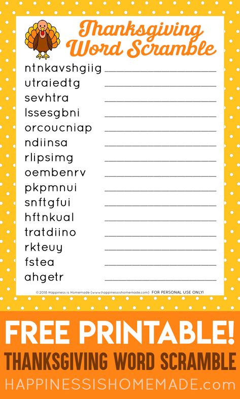 This FREE printable Thanksgiving Word Scramble puzzle is a ton of fun! It’s the perfect Thanksgiving game for teachers, classrooms, playgroups, family fun nights, Scout troops, and more! Keep everyone entertained and occupied before the big meal!  via @hiHomemadeBlog Thanksgiving Word Scramble, Thanksgiving Family Games, Thanksgiving Games For Adults, Thanksgiving Word Search, Free Printable Thanksgiving, Thanksgiving Games For Kids, Thanksgiving Worksheets, Free Thanksgiving Printables, Thanksgiving Words