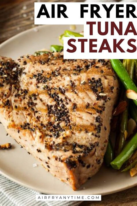 Deliciously juicy and flavorful air fryer tuna steaks! 🐟🔥 Perfectly crispy on the outside and tender on the inside, these gourmet tuna steaks are a must-try for seafood lovers. #airfryerrecipes #tunasteaks #seafoodlover #easycooking Tuna Steaks Recipes Air Fryer, Fresh Tuna Steak Recipes Air Fryer, Airfry Tuna Steaks, How To Cook Tuna Steak In Air Fryer, Airfryer Tuna Steak, Cooking Tuna Steaks On Stove, Tuna Steak Air Fryer Recipes, Air Fryer Tuna Steaks, Ahi Tuna Air Fryer