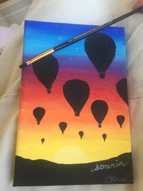 Hot Air Balloon Painting Easy, Hotairballoon Painting, Painting Ideas On Canvas Simple Easy Sunset, Hotairballoon Drawing, Canvas Painting Sunset, Hot Air Balloon Painting, Air Balloon Painting, Mountain Sunset Painting, Sunset Painting Easy