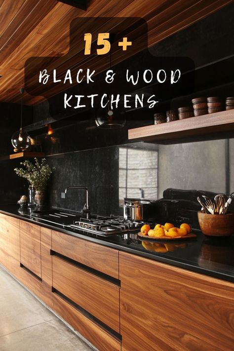 Thinking about a kitchen makeover? Click to explore modern black and wood kitchen designs that blend sophistication with warmth. Transform your space today! 🍴🖤 #KitchenDesign #ModernKitchens #BlackWoodKitchen #HomeDecor #InteriorDesign Backsplash Kitchen For Black Cabinets, Wood Cabinets Black Backsplash, Black Countertops And Black Backsplash, Wood Uppers Black Lowers, Black Cabinets White Appliances, Maple Kitchen Cabinets With Black Countertops, Cherry Wood And Black Kitchen, Black And Natural Kitchen Cabinets, Black Range Hood White Oak Cabinets