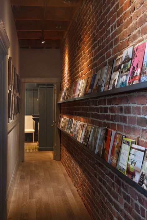 Hallway Design, Picture Shelves, Narrow Hallway, Book Storage, Dream Apartment, Home Library, Exposed Brick, Brick Wall, Provence