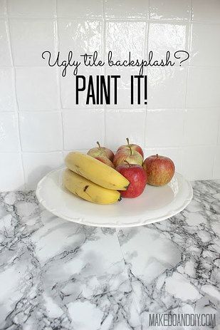 Cover a hideous tile backsplash with paint for an update that doesn’t require hiring a pro. | 37 Ways To Disguise The Ugliest Parts Of Your Home Tile Update, Painting Kitchen Tiles, Paint Backsplash, Ceramic Tile Backsplash, Beadboard Backsplash, Blue Backsplash, Painted Tile, Painting Ceramic Tiles, Diy Backsplash