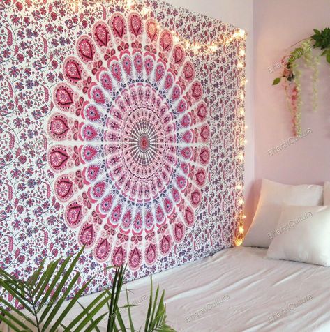 Mandala Tapestry Bohemian, Peacock Mandala, Ceiling Covering, Tapestry Pink, Tapestry Bedding, Mandala Tapestries Wall Hangings, Mandala Boho, Indian Tapestry, Hippie Tapestry