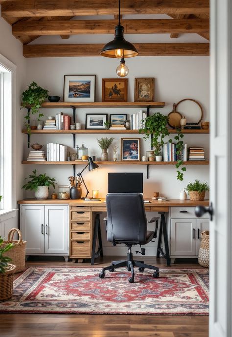 Barndominium Ideas Vaulted Ceiling Home Office, Masculine Office Shelves, Country House Office, Farmhouse Style Home Office, Rustic Office Decor Ideas, Homemade Desk Ideas, Built In Standing Desk, Country Home Office Ideas, Rustic Desk Ideas