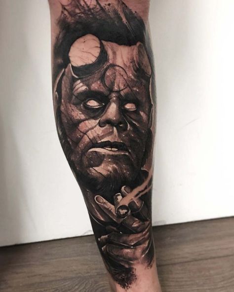 calf tattoo hellboy Tattoo On Calf, Anrijs Straume, Armpit Tattoo, Hellboy Tattoo, Ma Tattoo, Hellboy Art, Hell Boy, Graphic Tattoo, Sketches Ideas