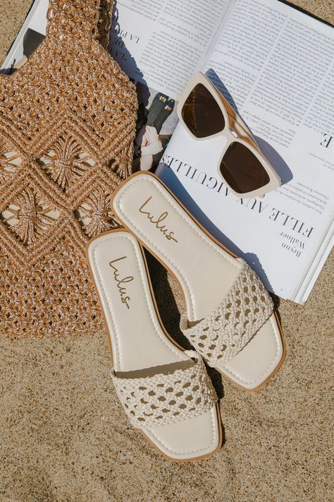 Elevate your everyday adventures with the Lulus Wenda Bone Woven Flat Slide Sandals! Smooth faux leather shapes these perfect summer sandals that have a trendy square footbed and a wide woven vamp strap. The simple slide-on design allows for effortless styling. 0. 5" rubber heel. Lightly cushioned insole. Rubber sole has nonskid markings. Man made materials. Imported. Lulus | Wenda Bone Woven Flat Slide Sandal Heels | Size 8. St Lucia Sandals, White Sandals Flat, How To Tie Shoes, Everyday Sandals, Raffia Sandals, Neutral Shoes, Simple Sandals, Nude Shoes, Low Heel Sandals