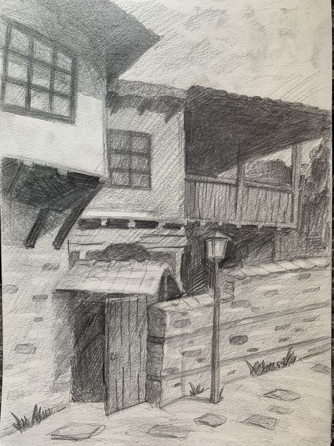 Drawing of traditional bulgarian house in the old part of my city Bulgarian Drawing, Old Bulgarian House, Old House Sketch, Old City Drawing, Old Town Drawing, Town Sketch, Bulgarian House, Bulgarian Architecture, Pueblo House