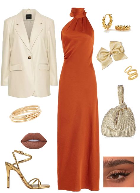 Elegant Orange Outfit, Orange Brown Outfit, Copper Outfit, Dress Ideas For Wedding Guest, Orange Dress Outfit Wedding, Elegant Wedding Guest Outfit, Orange Dress Outfit, Orange Dress Outfits, Wedding Guest Dress Inspiration