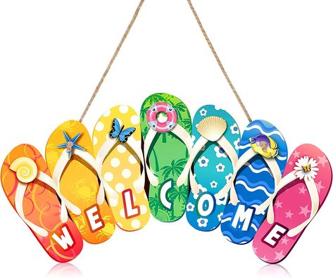 Summer Slippers Hanging Sign Shape Welcome Hello Flip Flop Wooden Door Sign Hanging Plaque Rustic Wall Sign Yard Indoor Outdoor Garden Decoration with Rope (Welcome) Beach Theme Wall Decor, Decor With Ropes, Door Plaque, Summer Door Hanger, Wooden Door Signs, Porte Decorate, Door Plaques, Summer Slippers, Rustic Wall