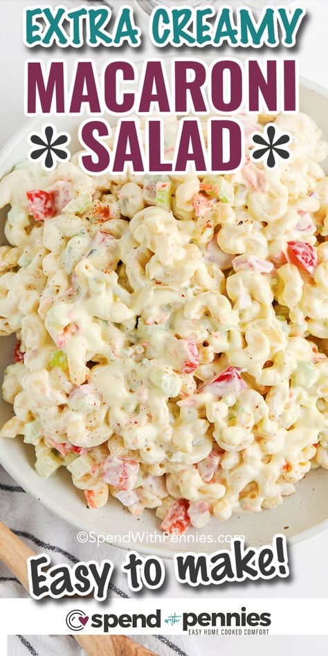 We love making a big bowl of macaroni salad ahead of time for a backyard party or potluck! Hosting a barbecue? Macaroni salad is budget friendly and totally versatile. Add in extra veggies to stretch this dish even further, or enjoy it as-is. #macaronisalad #pastasalad #recipe #spendwithpennies Cold Pasta Recipes Easy Macaroni Salads, Macaroni Salad Dressing Mayonnaise, Pasta Side Dishes For Bbq, Homemade Macaroni Salad, Creamy Macaroni Salad, Picnic Potluck, Easy Macaroni Salad, Classic Macaroni Salad, Cold Salads