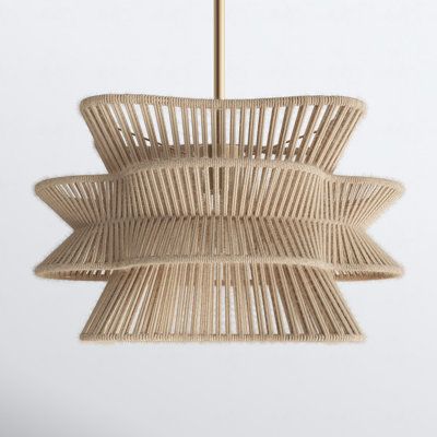 This 1-light pendant is made of rope and high-quality steel. The double-layer rope design is more unique and suitable for the farmhouse. The bottom of the lampshade is open, allowing light to fill your room, warm and bright. It's a good idea for a kitchen island and dining table. Best of all, this pendant is compatible with sloped ceilings and dimmer switches and even boasts an adjustable height for maximum versatility. | Joss & Main Towne 1 - Light Gold Pendant in Yellow, Size 9.6 H x 16.0 W x Kitchen With Rattan Pendants, Large Woven Pendant Light, Pendant Over Dining Table, Office Ceiling Lighting, Kitchen Island And Dining Table, Island And Dining Table, Jute Chandelier, Coastal Pendant, Boho Light Fixture