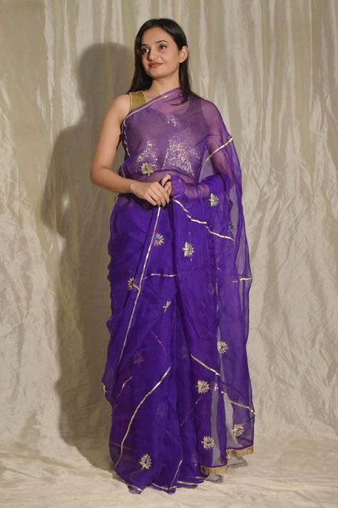 Shop for The Home Affair Purple Embroidered Two-tone Gota Patti Saree With Blouse for Women Online at Aza Fashions Peacock Saree, Saree Purple, Embroidered Peacock, Gota Patti Saree, Peacock Fabric, Purple Peacock, Purple Saree, Saree For Women, Peacock Color