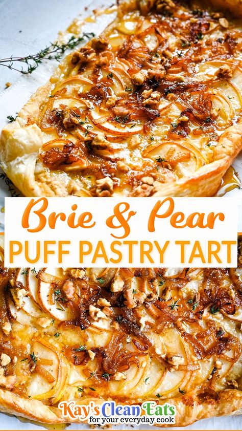 Puff Pastry Appetizers With Brie, Pear Puff Pastry Appetizer, Layered Phyllo Pastry With Brie, Thyme Pear And Brie Tart, Pear And Brie Tart, Monte Cristo Puff Pastry, Puff Pastry With Brie And Jam, Fall Puff Pastry Appetizers, Pear And Cheese Appetizer