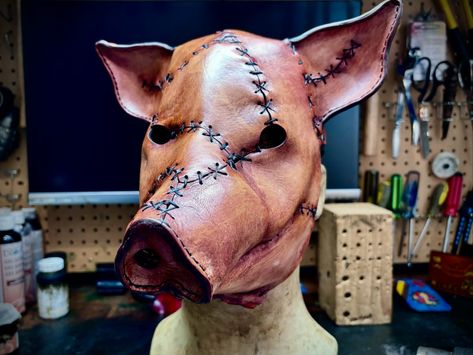 This lil piggy went to the butcher… 😳 Finished up this pig mask and shipped it off to its new home today. Made using veg tan cowhide leather, dyes, paints, thread, wax and sealants #leather #mask #pig #pigmask #halloweenmask #movieprop #prop #costume #costumedesigner #sooke #sookebc #skinznhydez #mrhydezemporiam Pig Mask, Mascaras Halloween, The Butcher, Leather Mask, Tan Cowhide, Movie Props, Halloween Masks, Cowhide Leather, New Home