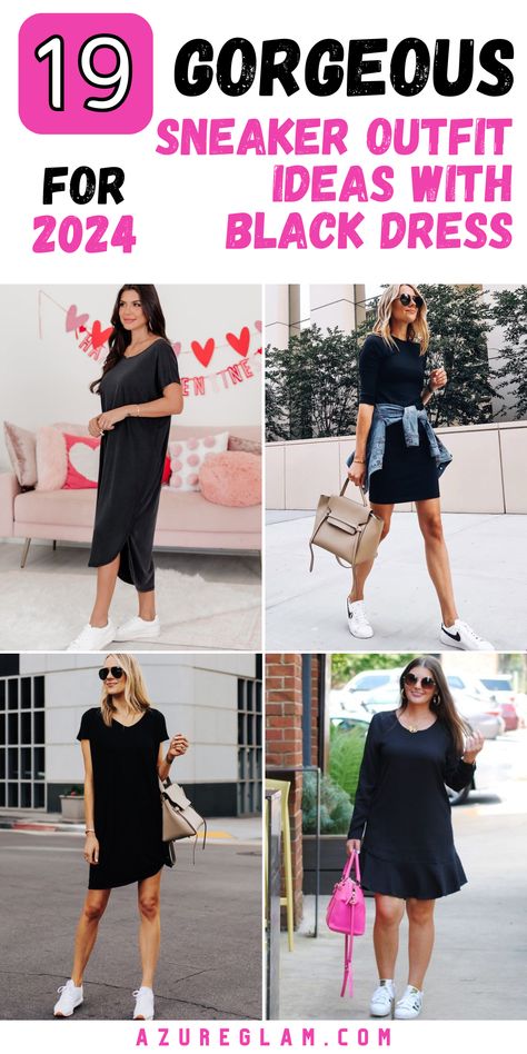 Dive into a world of sartorial elegance with our curated compilation of 19 sneaker outfit ideas showcasing sleek black dresses for the year 2024. Whether you're seeking casual-chic ensembles for everyday wear or glamorous attire for special occasions, our diverse collection has you covered. From figure-flattering minis to flowing maxis, our range of dress styles caters to various body types and fashion preferences. Lbd With Sneakers, Black Dress With Sneakers Outfits, Black Dress And Sneakers Outfit, Grey Dress Outfit Casual, Dress And Converse Outfit, Dresses With Sneakers Outfit, Black Dress And Sneakers, Black Dress With Sneakers, Casual Dress With Sneakers