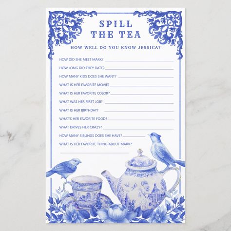 Blue & White Floral Spill the Tea Shower Game Size: 5.5" x 8.5". Color: Semi-Gloss. Gender: unisex. Age Group: adult. Blue And White Bridal Luncheon, Blue And White Tea Party Decor, Spill The Tea Bridal Shower Game, Blue White Bridal Shower Decor, Something Blue Before I Do Shower Theme, Blue And White Tea Party, Blue And White Bridal Shower Ideas, Blue Bridal Shower Decorations, Blue Tea Party