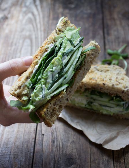 Green Goodness Sandwich - avocado, greens and goat cheese on multigrain bread. Delicious and healthy luch. Indian Spiced Chicken, High Fibre Lunches, Sandwich Vegetarian, Spinach Avocado, Summer Sandwiches, Multigrain Bread, Spiced Chicken, High Fiber Foods, Fiber Foods