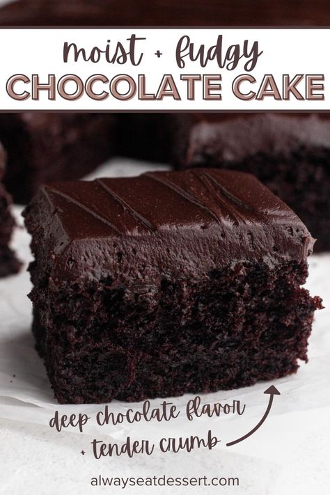 You're not going to believe how perfectly moist and intensely chocolatey this cake is! This easy one-bowl, do-it-all recipe can be used to bake a sheet cake, layer cake, or cupcakes from scratch, so it's perfect for any occasion. If you need a chocolate cake recipe for a birthday celebration, graduation party, bridal or baby shower, or just because... this moist and fudgy chocolate cake is it! Easy Chocolate Snack Cake, Chocolate Cake And Frosting Recipe, Best Chocolate Sheet Cake Recipe, Chocolate Cake Sheet Recipe, Most Cake Recipe, Moist Cake Recipe Chocolate, Secret Cake Recipes, Easy Yummy Chocolate Cake, 8x8 Chocolate Cake