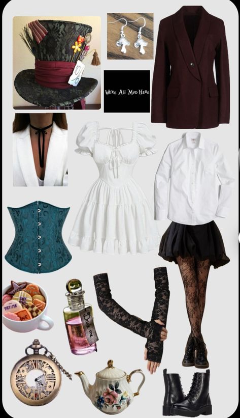 The Mad Hatter Alice In Wonderland, Mad Hatter Custom, Twisted Wonderland Mad Hatter, Mad Hatter Costume Inspiration, Dark Alice Costume, Mad Hatter Simple Costume, Aesthetic Mad Hatter Costume, Mad Hatter Themed Outfit, Alice In Wonderland Hatter Costume