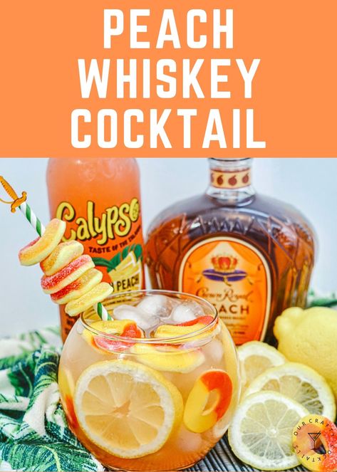 Make a fantastic Crown Royal Peach Whiskey cocktail that must be served in a Fish Bowl, complete with peach rings, to get the full experience! OurCraftyCocktails.com #ourcraftycocktails #crownroyalpeachwhiskey #peachwhiskeyfishbowl Fish Bowl Ideas Drinks, Fish Bowl Alcohol Drink, Fish Bowl Recipe Alcoholic, Fish Bowl Drink Recipe, Brown Drinks Alcohol, Fish Bowl Drink Ideas, Drinks With Peach Crown Royal, Brown Liquor Mixed Drinks, Fishbowl Drink Recipe