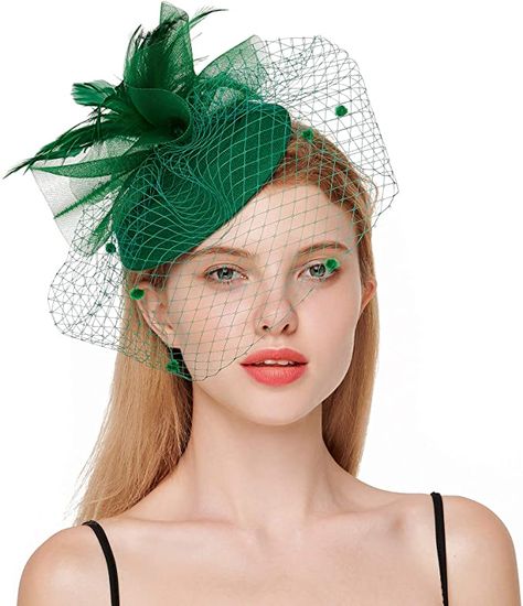 Trend Hair Styles, Pillbox Hat With Veil, Hat With Veil, Green Fascinator, Hair Clip Wedding, Nylon Flowers, Black Fascinator, Fascinator Hairstyles, Hat Hair