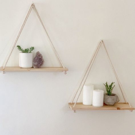 Hanging Shelf Floating Shelves Wall Decor set of 2 W/ Hooks - Etsy Hiasan Dinding Diy, Kaktus Dan Sukulen, Diy Regal, Diy Hanging Shelves, Hemma Diy, Rope Shelves, Mounted Shelves, Hanging Rope, Plant Shelves