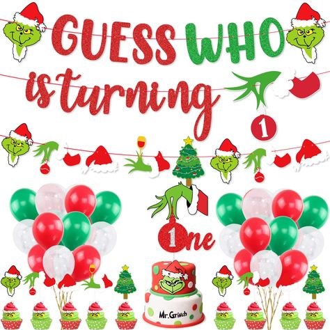 PRICES MAY VARY. 【Christmas Party What you will get】Your kit comes with 1Pc“Guess Who Is Turning One”banner, 1pc cute Christmas banner, 12pcs Christmas Cupcake Toppers, 1Pc“ONE” Cake Topper, 30Pcs Latex Balloons (red, green,snowflakes balloons). Adding this unique grinch theme 1st Birthday bannerr decoration to display the precious and meaningful memories of your baby during Christmas first birthday party. 【Unique Christmas Design】The Grinchmas Party Decorations set feature glitter red and green 1st Birthday Party Cake, Christmas 1st Birthday, Girls First Birthday Party, Christmas Birthday Party Decorations, 1st Birthday Boy Themes, Boys First Birthday Party Ideas, Grinch Party, Banner Christmas, Baby Birthday Themes