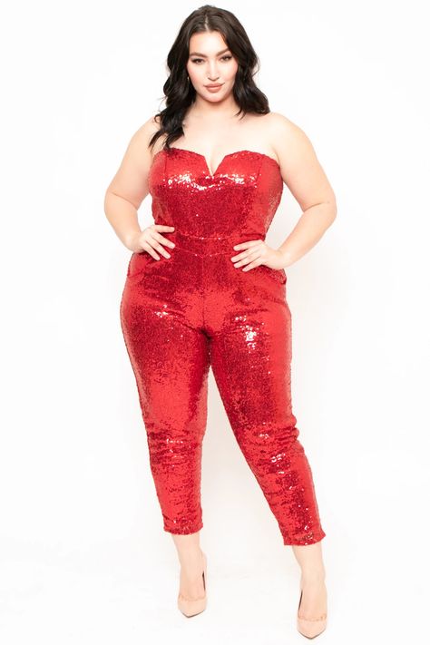 Plus Size Mika Sequins Jumpsuit - Red– Curvy Sense Red Sequin Jumpsuit, Sequins Jumpsuit, Concert Outfit Plus Size, Fall Fashion Skirts, Outfit Plus Size, Affordable Plus Size Clothing, Sequins Fabric, Plus Size Summer Outfit, Rainbow Outfit