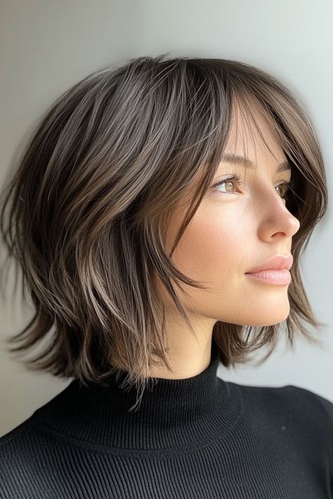 Layered Bob Haircut, Textured Tousled Bob with Curtain Bangs Graduated Bob With Curtain Bangs, Short Bob With Front Layers, Short Bob Hair With Curtain Bangs, Layered Bob Hairstyles Curtain Bangs, Bob Curtain Bangs Brunette, Short Hair With Face Framing Layers Bob Haircuts, Graduated Bob With Bangs, Bob With Long Curtain Bangs, Bob Hairstyles With Curtain Bangs