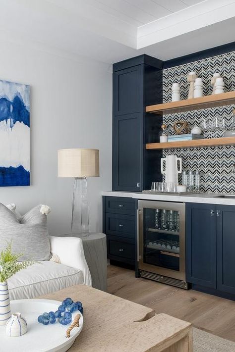 Clean Beauty Aesthetic, Driftwood Dining Table, Wet Bar Cabinets, Blue Family Rooms, Built In Fridge, Blue Shaker Cabinets, Chevron Backsplash, Wet Bar Designs, Shelves Decor