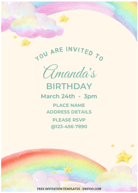 Rainbow Party Invitations, Rainbow Invitation, Rainbow Birthday Invitations, Rainbow Invitations, Colorful Invitations, Party Stationery, Free Invitation Templates, Party Inspo, Watercolor Rainbow