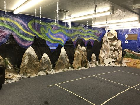 Operation Arctic VBS mountains made out of cardboard and paper. Antarctica Decorations, Operation Arctic Vbs Decorations, True North Vbs Decorations, Arctic Vbs Decorations, Northern Lights Decorations, Operation Arctic Vbs, Arctic Vbs, Everest Vbs, Scuba Vbs