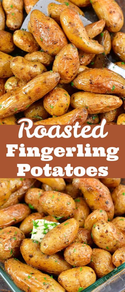 These buttery Roasted Fingerling Potatoes are absolutely irresistible! They are roasted whole and come out beautifully tender, they are creamy on the inside and flavorful and crispy on the outside. The seasoning is also simply but perfectly complimenting the flavor of the potatoes. Roasted Fingerling Potatoes Oven, Fingerling Potato Recipe, Fingerling Potatoes Recipes, Roasted Fingerling Potatoes, Potatoes In Oven, Perfect Mashed Potatoes, Dinner Favorites, Potato Recipes Side Dishes, Fingerling Potatoes