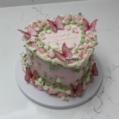 Happy Birthday <3 🍃🥑💞🌸💐🎀 - Cake Details - Size: Standard 7” (two layers) Add-ons: Butterflies (edible) #emmacakes #emmacakesseattle #customseattlecakes #seattle #cakes #heartcake #heart #butterflycake #butterflies #vintage Butterfly Tier Cake, Square Butterfly Cake, Cute Heart Cakes Aesthetic, Bridal Shower Heart Cake, Vintage Fairy Cake, Cottage Core Cake, Heart Vintage Cake, Y2k Cake, Victorian Cakes