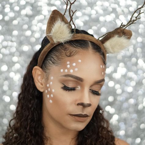 The Deer Makeup Look You Need To Try For Halloween This Year Women’s Deer Makeup, Deer Costume Ideas For Women, Halloween Makeup For Teachers, Teacher Halloween Makeup, Deer Costume Women Makeup, Deer Eyes Makeup, Reindeer Makeup Simple, Simple Deer Makeup, Easy Deer Makeup